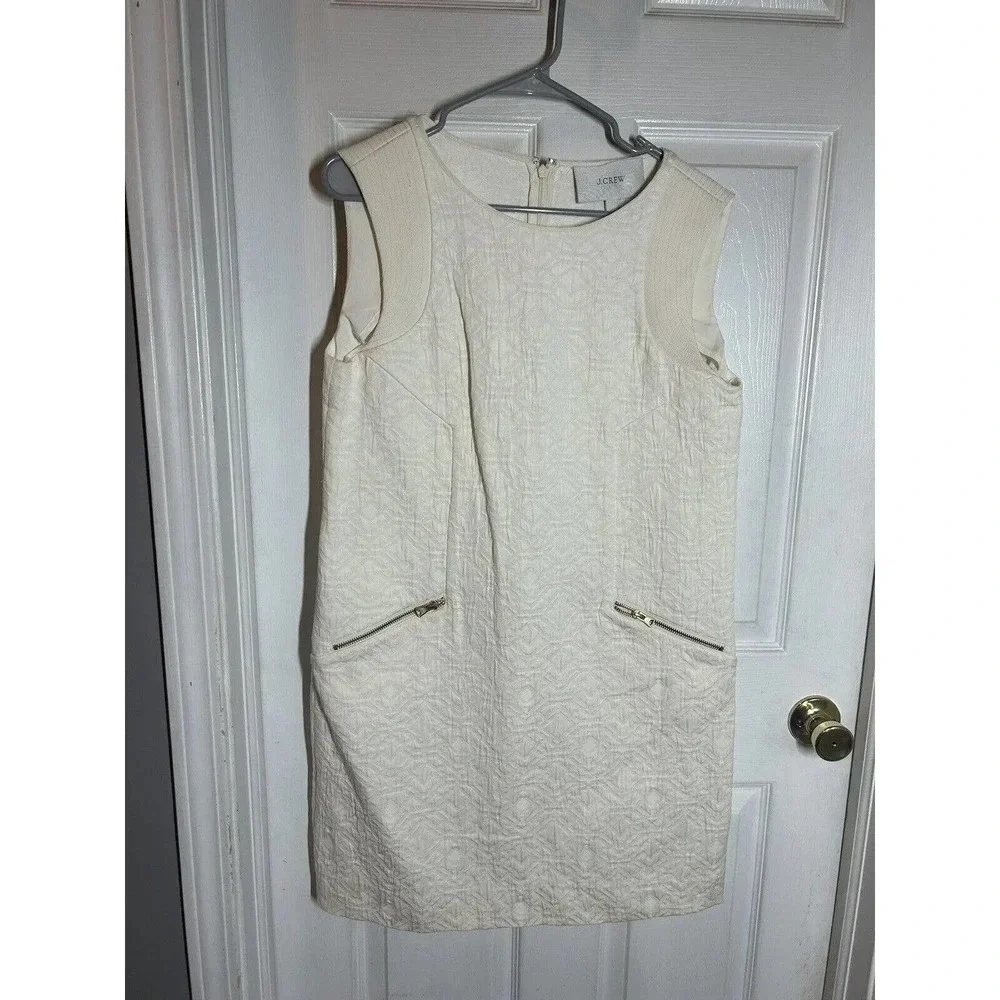J Crew Ivory Jacquard Textured Zip Pocket Sleeveless Shift Dress Women’s Size M